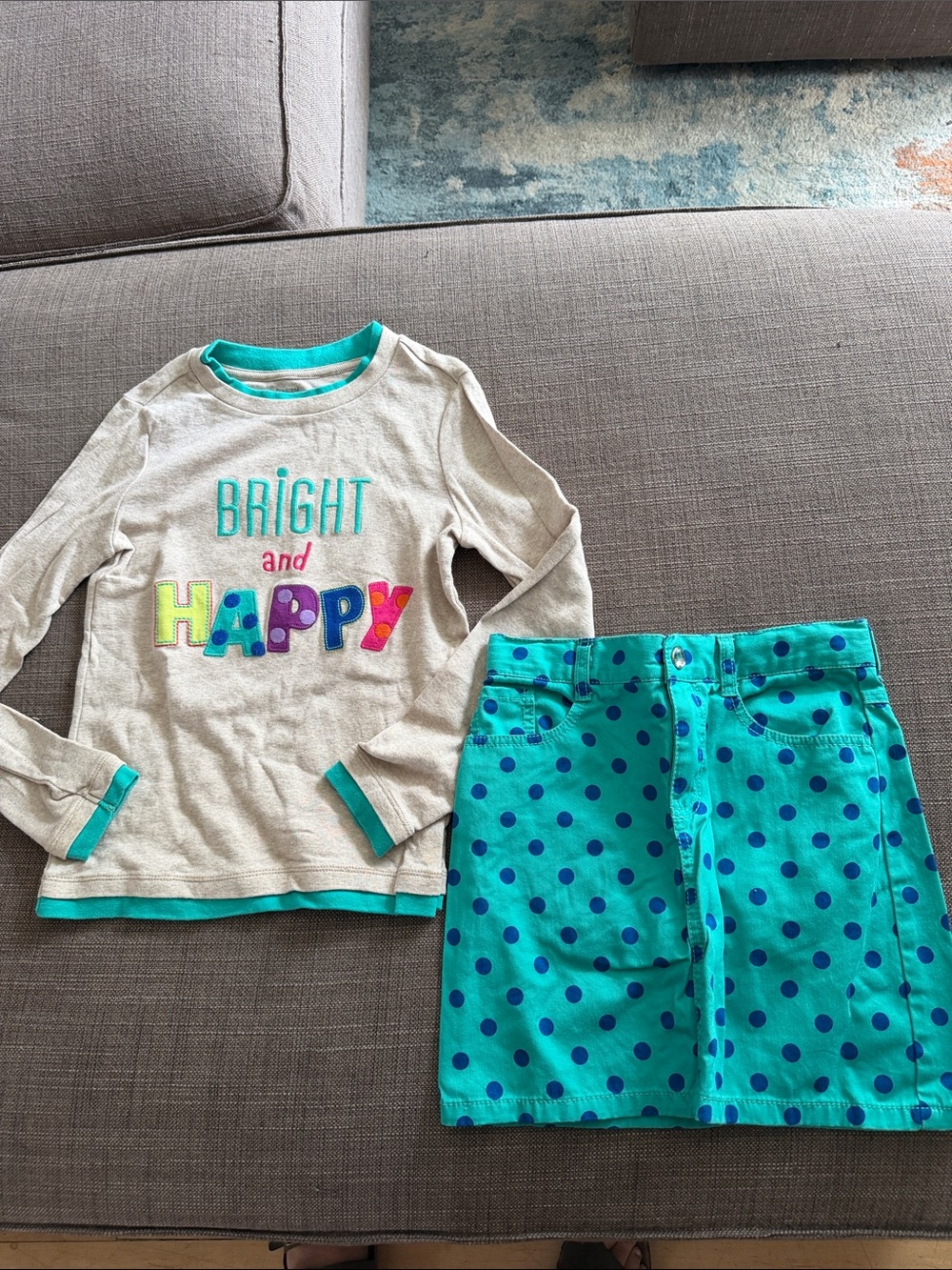 Gymboree Cream Top with Teal Trim and Teal Polka Dot Skirt